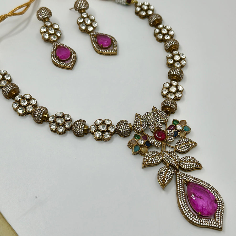 Hot Pink Moissanite Kundan Necklace Set