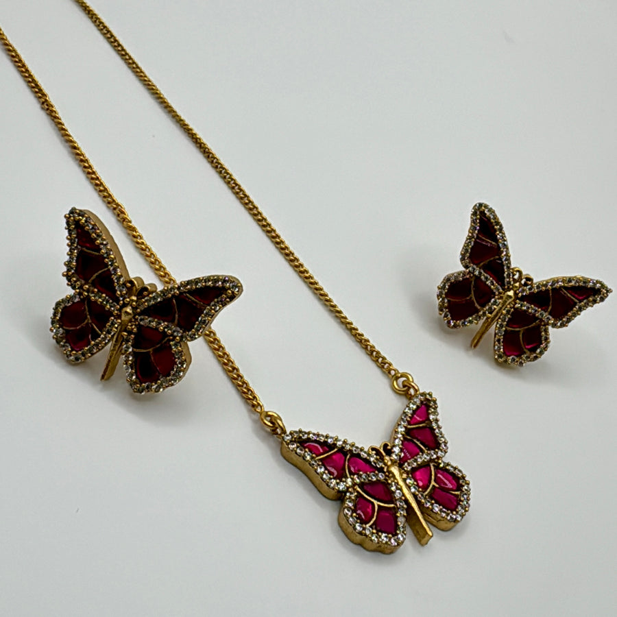 Ruby Moissanite  Butterfly Pendant Set