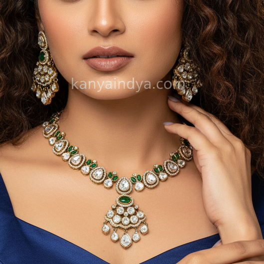 Green Polki Kundan Dainty Necklace Set