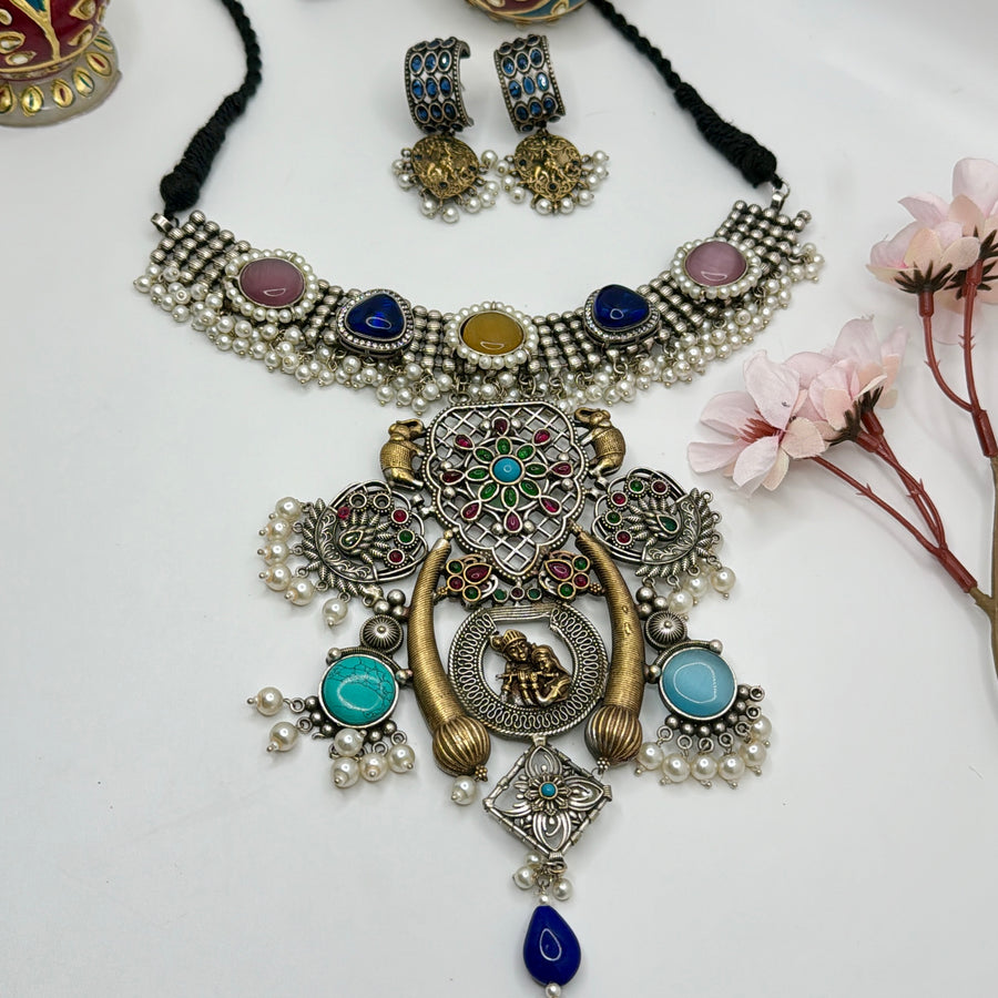 Multi Silver Lookalike Radha Krishna Statement Pendant Choker Necklace Set