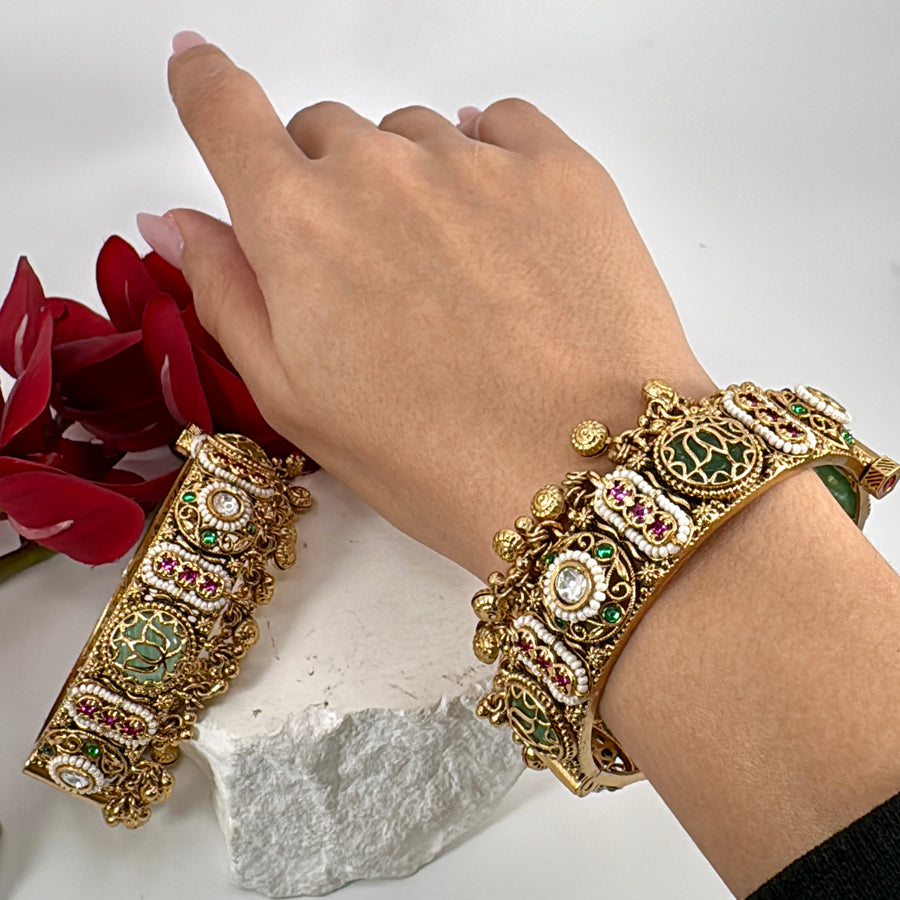 Mint Antique Gold Heritage Openable Ghungroo Bangle Pair(Size 2.4)