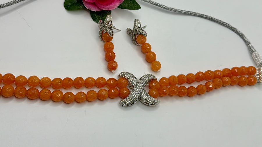 Orange & American Diamonds in Invisible Setting Chic Choker Set