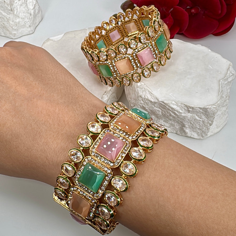 Pastal Multi Stone & AD Kundan Openable Bangle Pair(Size 2.6)