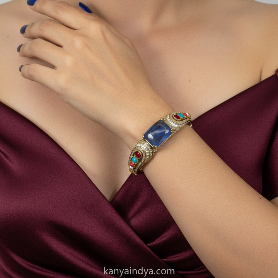 Blue Marble Doublet & Multi Stone Openable Bangle(Fits Size 2.2 to 2.6)