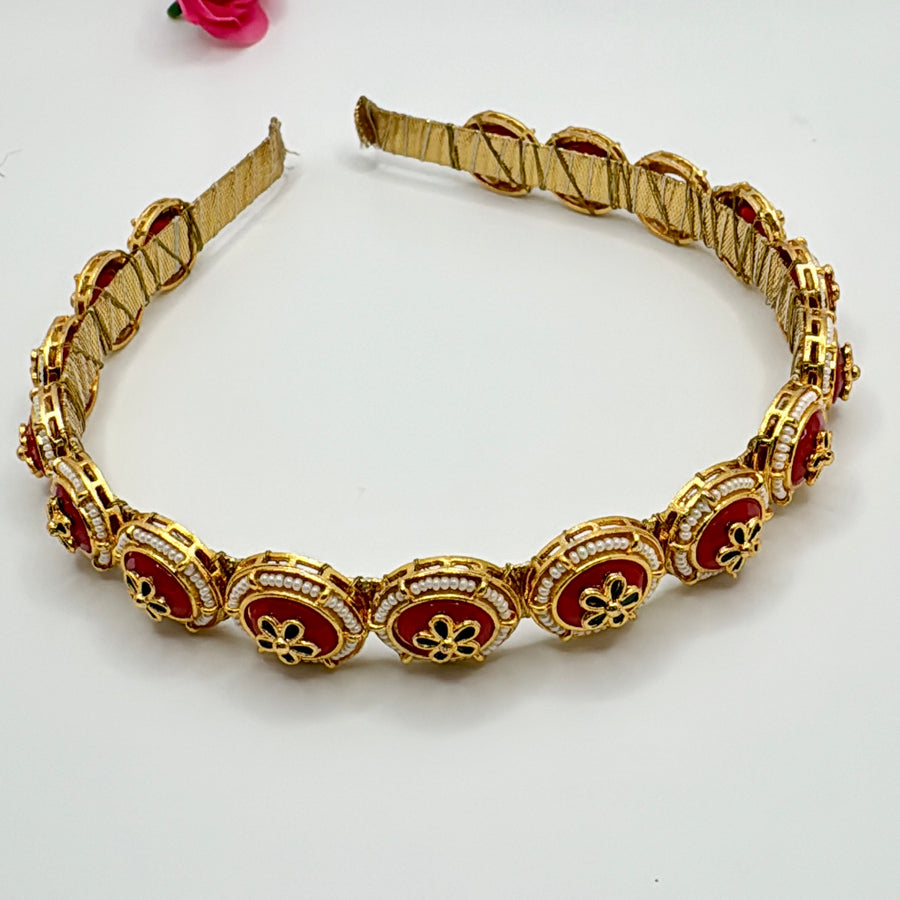 Red Meenakari With Kundan Hairband