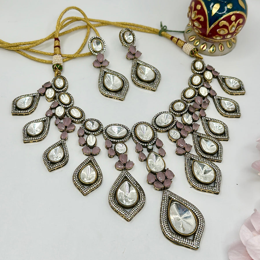 Pink Moissanite Kundan Statement Necklace Set