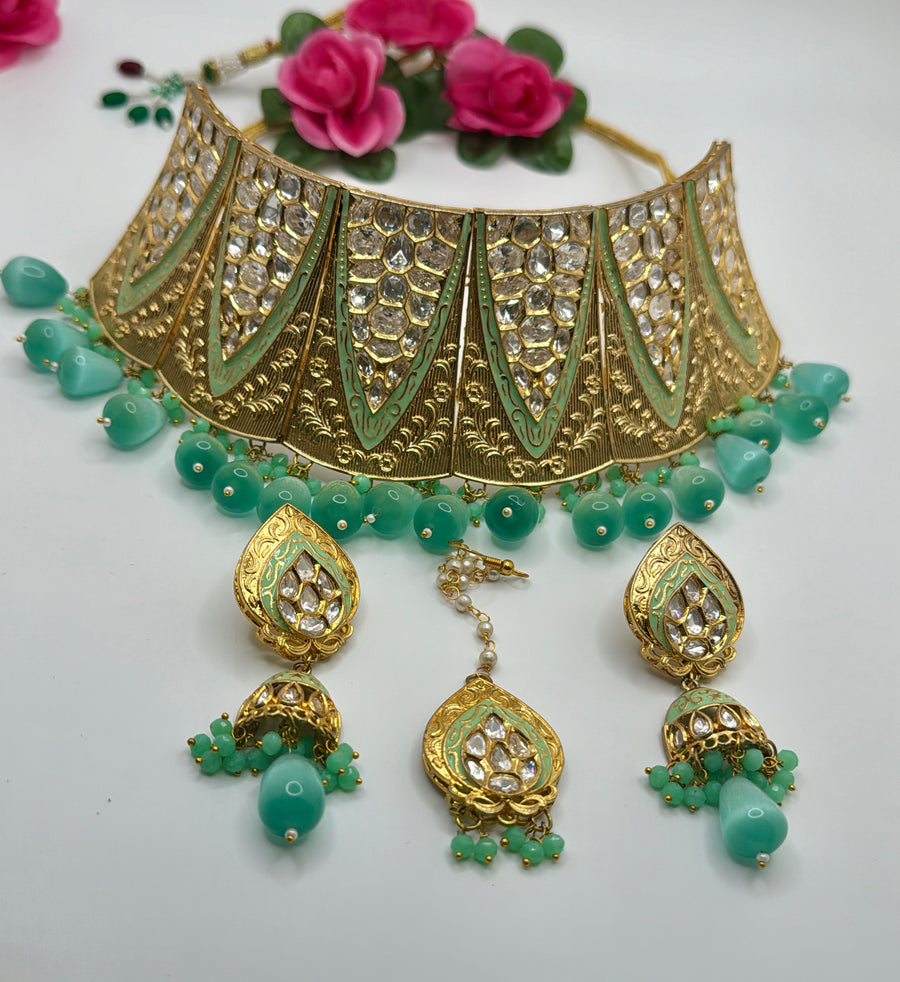 Mint Kundan Bridal Choker Set With Mang Tika