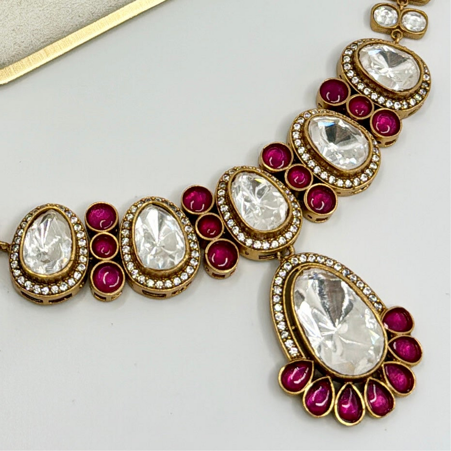 Ruby Red Moissanite Kundan Necklace Set