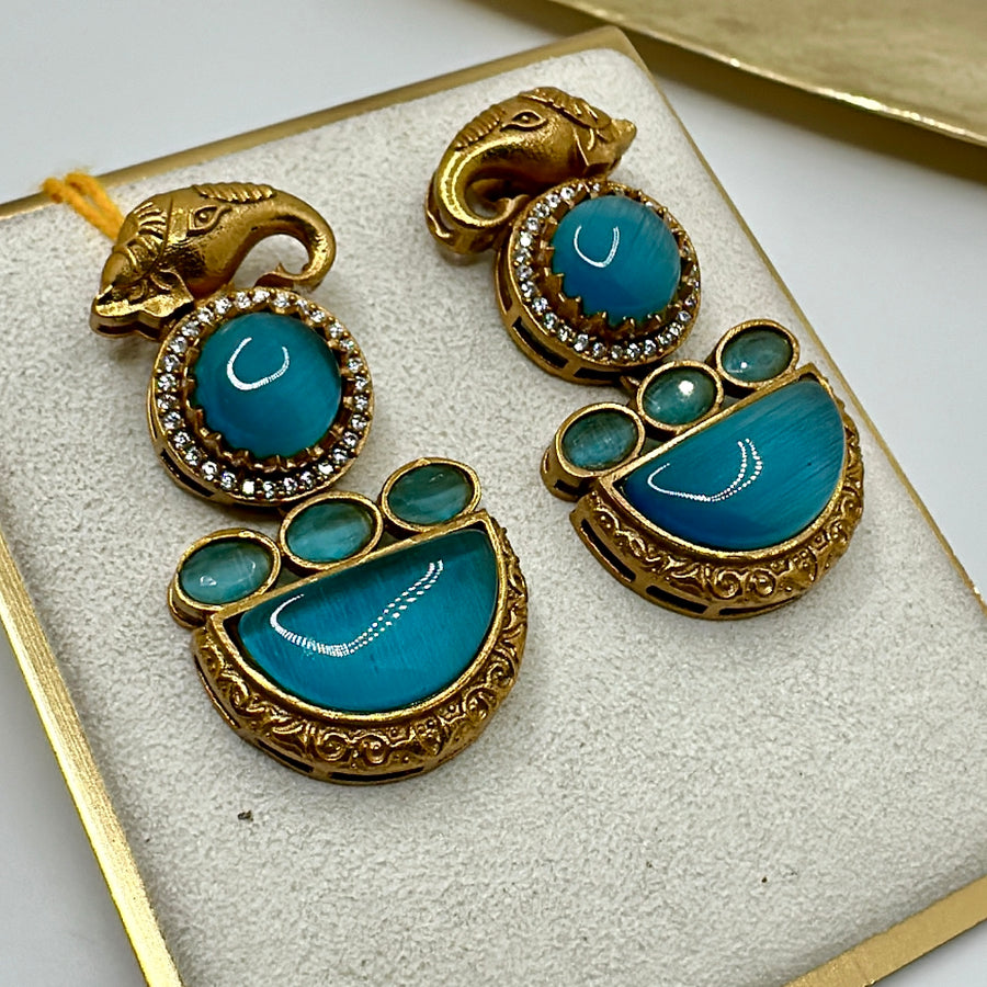 Turquoise Pota Doublet & American Diamonds Elephant Earrings