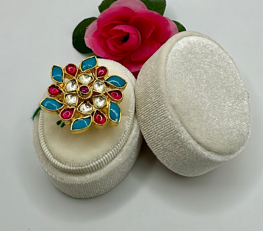 Turquoise And Ruby Adjustable Flower Kundan Finger Ring