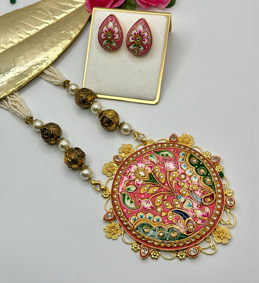 Pink Tanjore Long Necklace Set