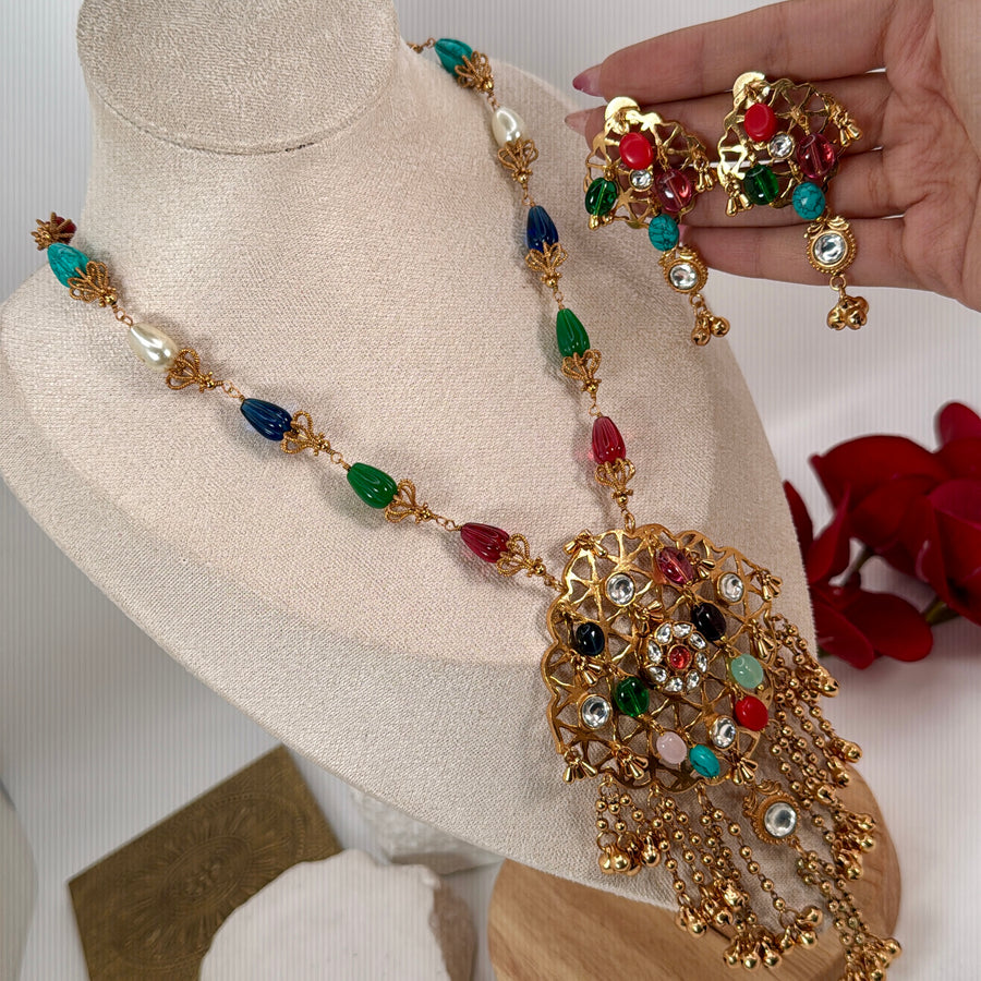 Multi  Navratan Apala Inspired Long Necklace Set