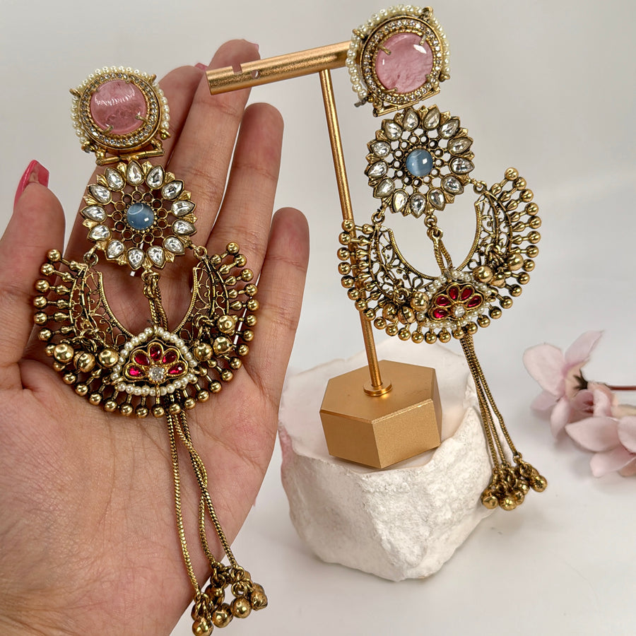 Pink & blue Silver Lookalike Dual Tone Statement Chand Bali Earrings