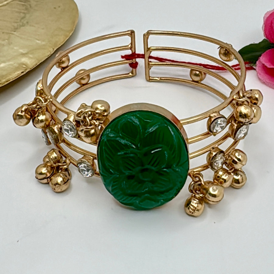 Green Amrapali Stone Silver Lookalike Adjustable Bracelet Cuff With Kundan & Ghungroos