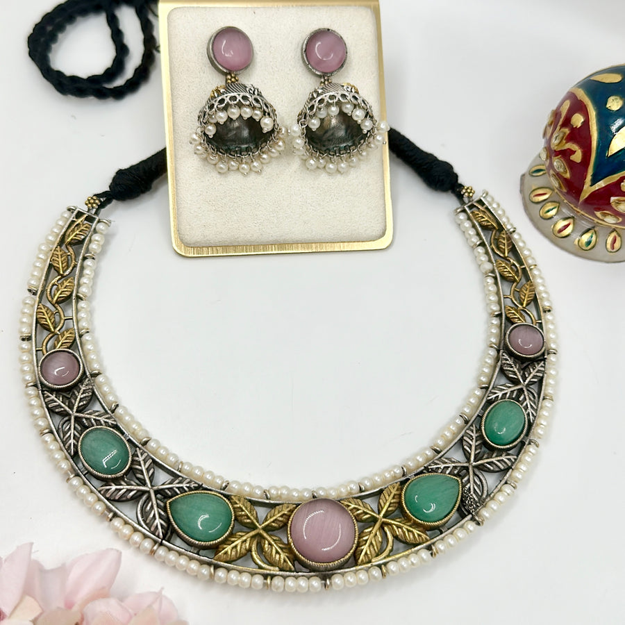 Pink & Mint With Pearls Dual Tone Silver Lookalike Hasli Necklace Set