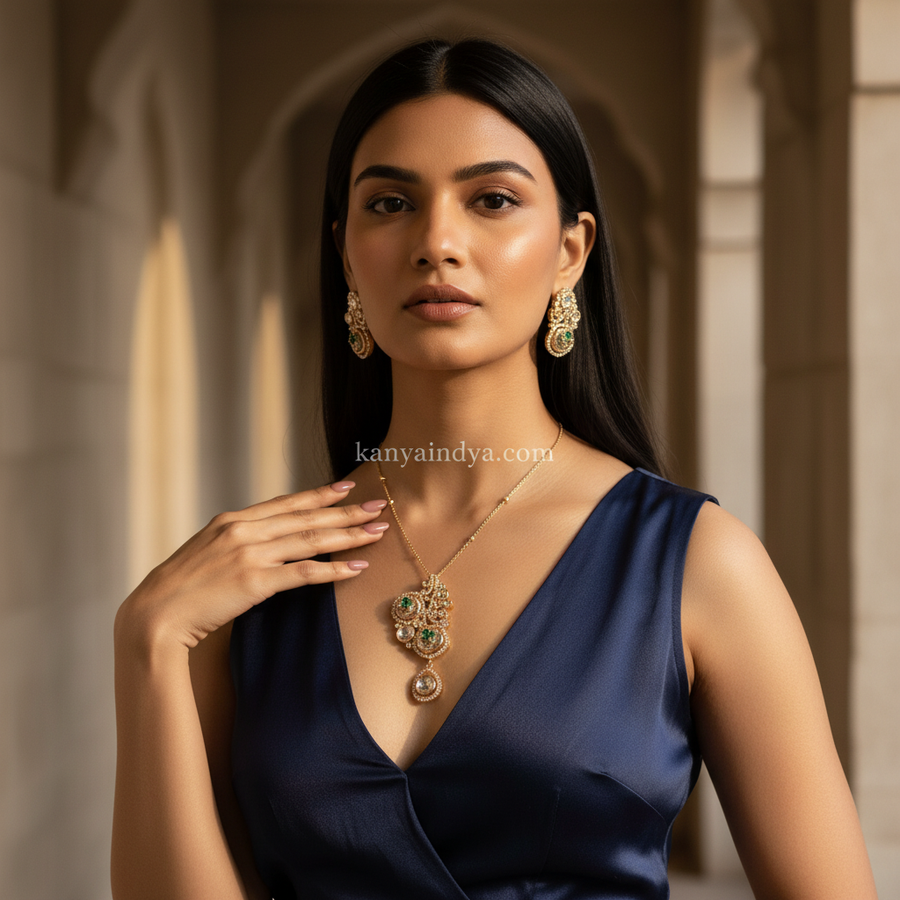 Green Polki Kundan Pendant Necklace Set