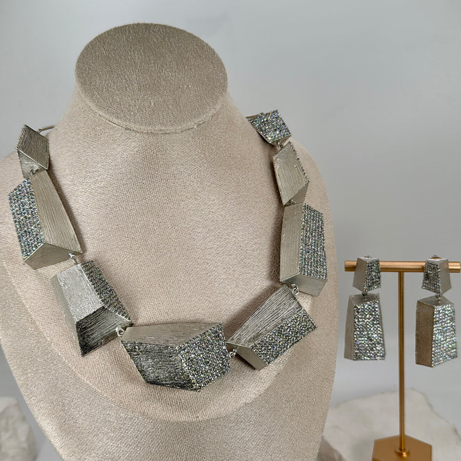 Clear Silver Cubic Zirconia Contemporary NecklaceSet