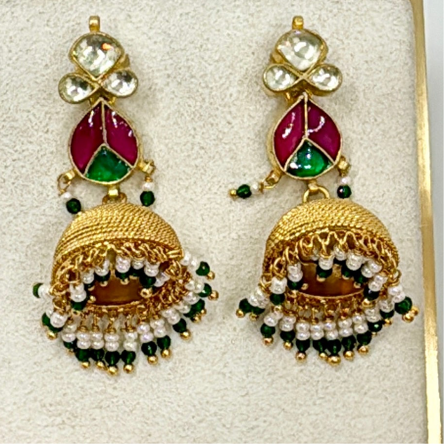 Green & Ruby Antique Gold Paachi Kundan Jhumka Earrings