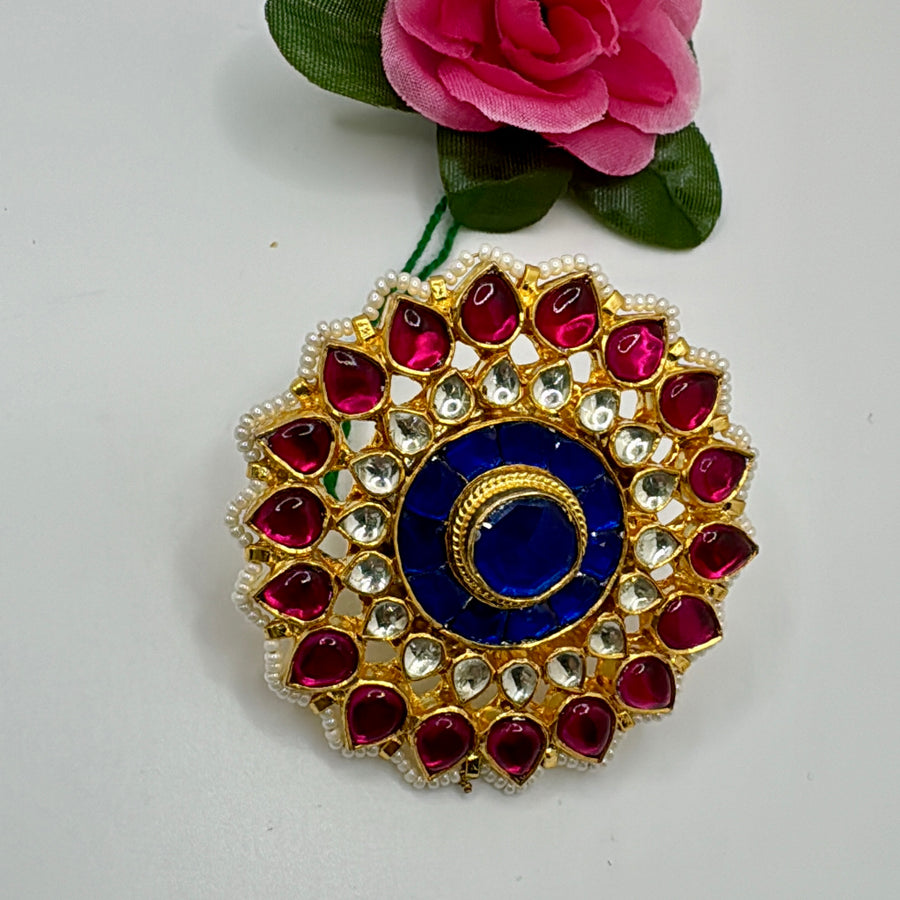 Blue & Red Paachi Kundan Adjustable Statement Finger Ring