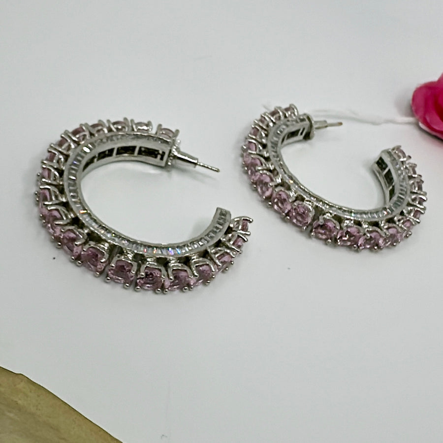 Pink American Diamond Round Earrings