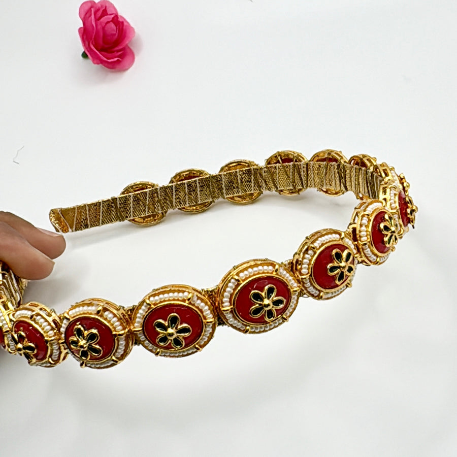 Red Meenakari With Kundan Hairband