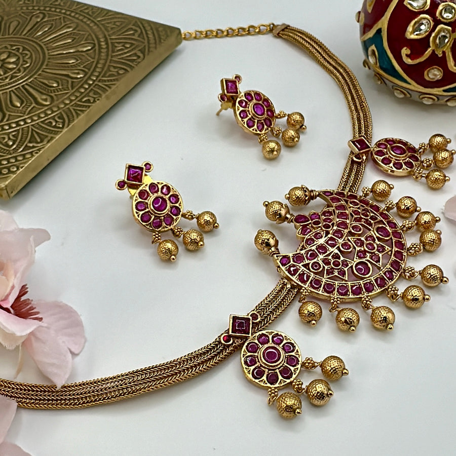 Ruby Antique Gold Temple Inspired Necklace Set