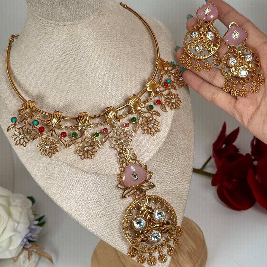 Pink Apala Inspired Moissanite Hasli Necklace Set