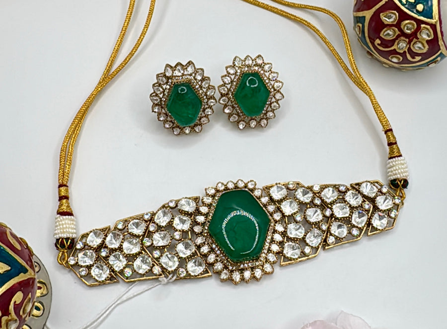 Green Doublet & Moissanite Statement Choker Set