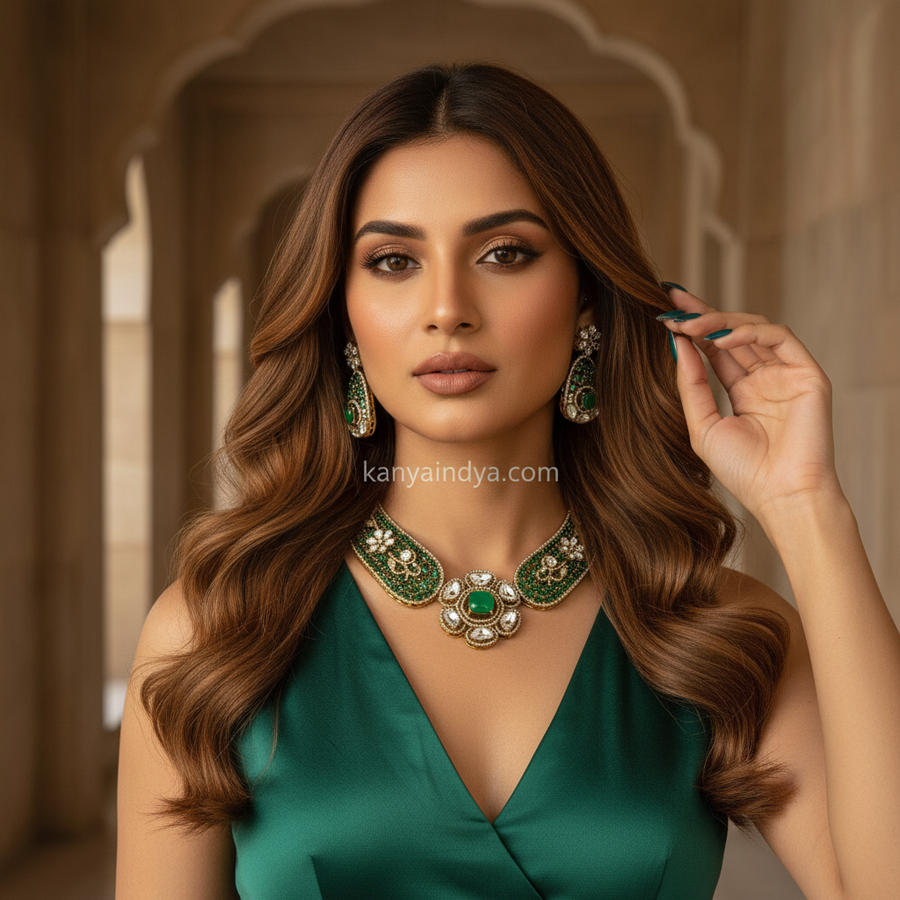 Green Doublet Moissanite Invisible Flower Necklace Set