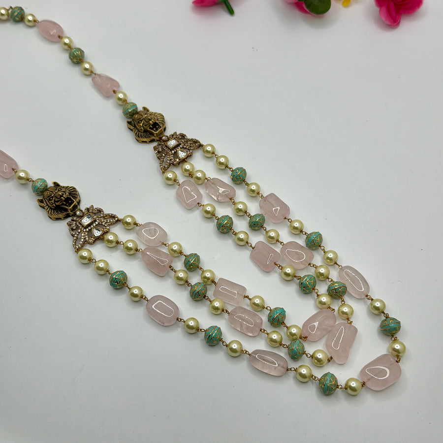 Rose Quartz Moissanite Sabya Inspired Long Necklace Set