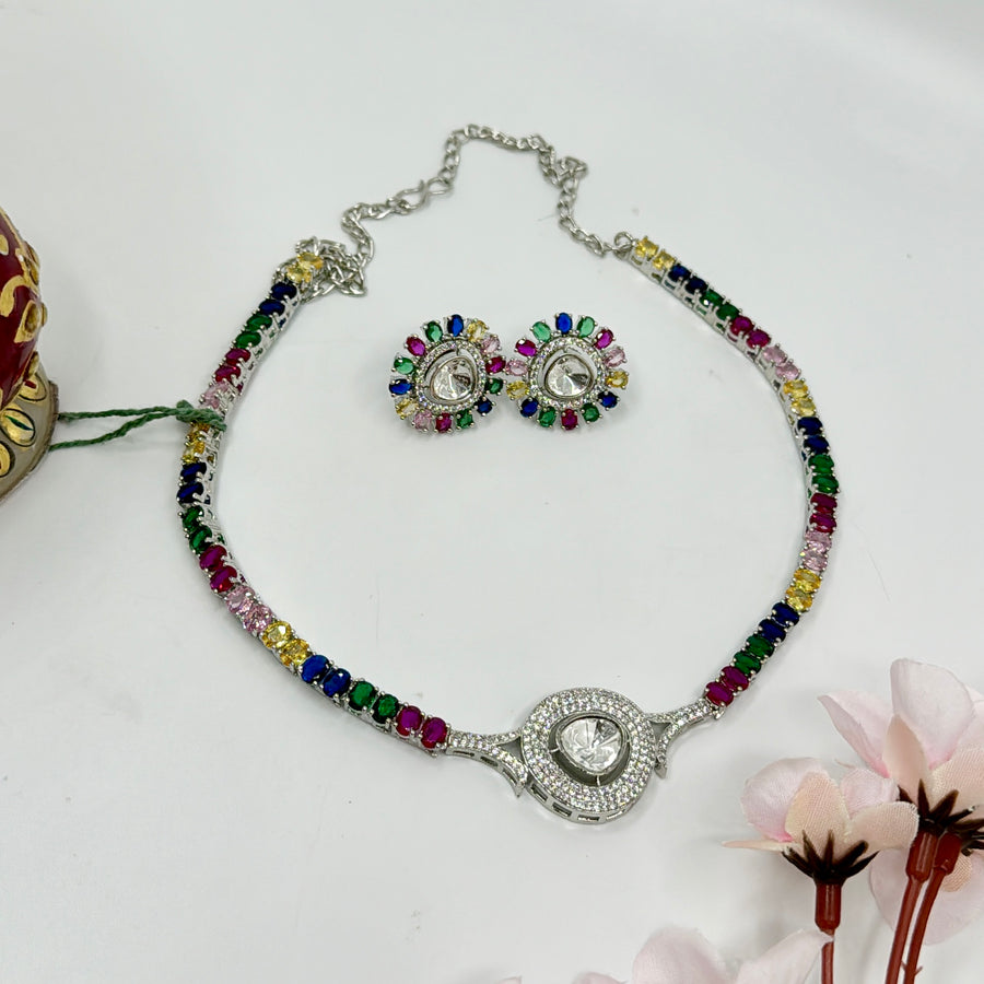 Multi Kundan & American Diamonds Dainty Necklace Set