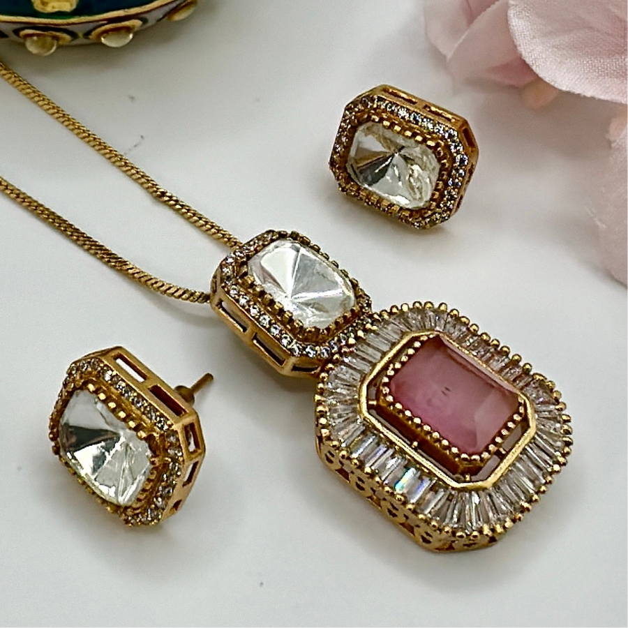 Pink Doublet & American Diamonds Pendant Set