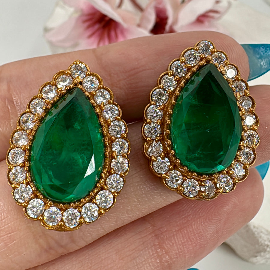 Green Doublet & American Diamonds CZ Stud Earrings