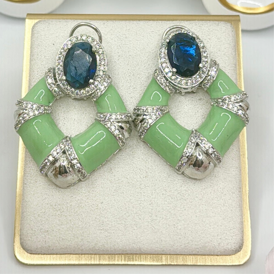 Blue Swarovski & Green Enamel Meenakari Earrings