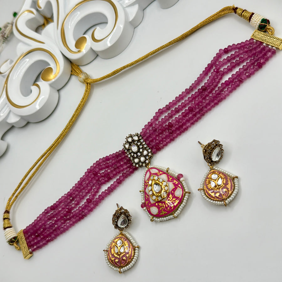 Hot Pink Ruby Meenakari & Moissanite Choker Set