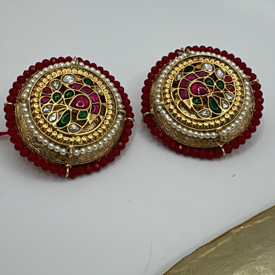 Ruby Kundan Silver Lookalike Over Size Stud Earrings