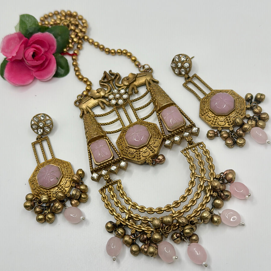 Pink Antique Gold Silver Lookalike Long Necklace Set