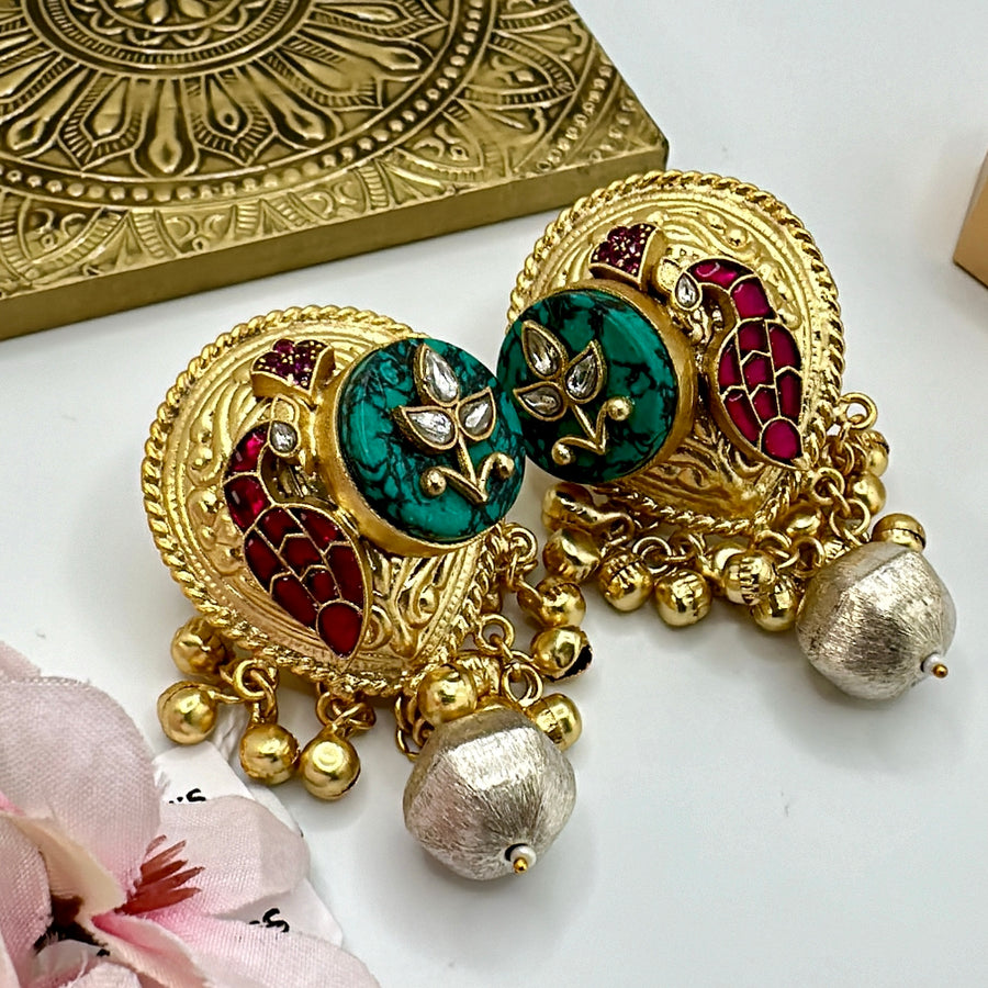 Turquoise & Ruby Silver Lookalike Gold Statement Studs