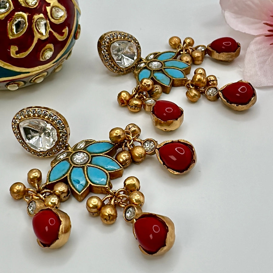 Turquoise & Coral Red Kundan Jadau Earrings