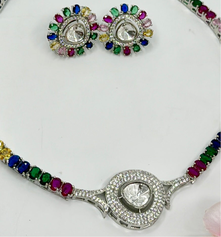 Multi Kundan & American Diamonds Dainty Necklace Set