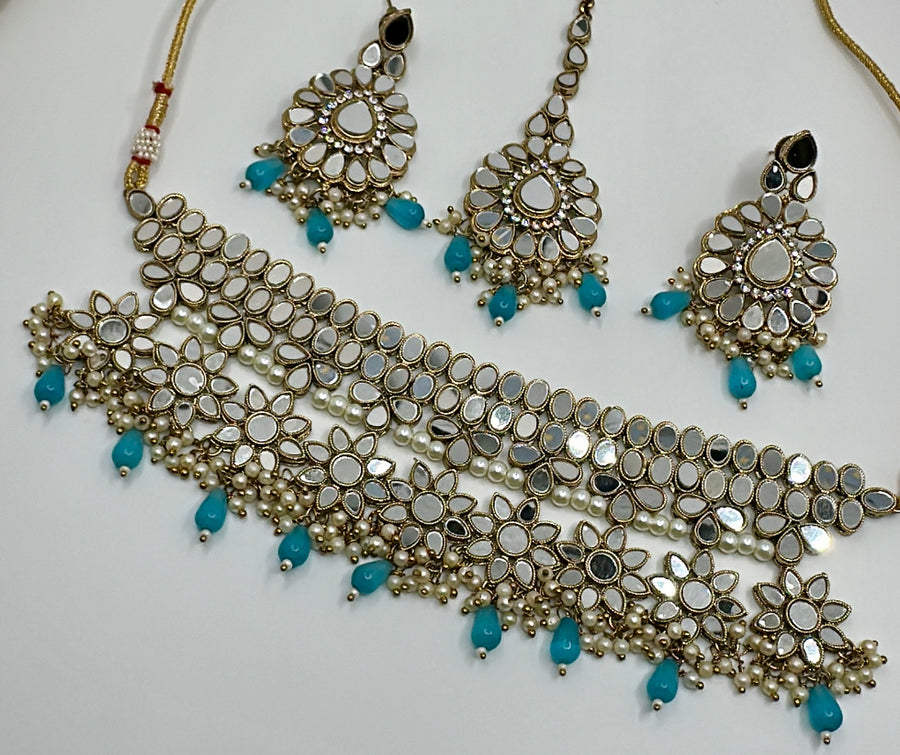 Turquoise Mirror Work Choker Set With Mang Tika