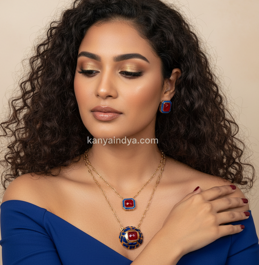 Ruby Blue Jadau Two Layer Pendant Necklace Set