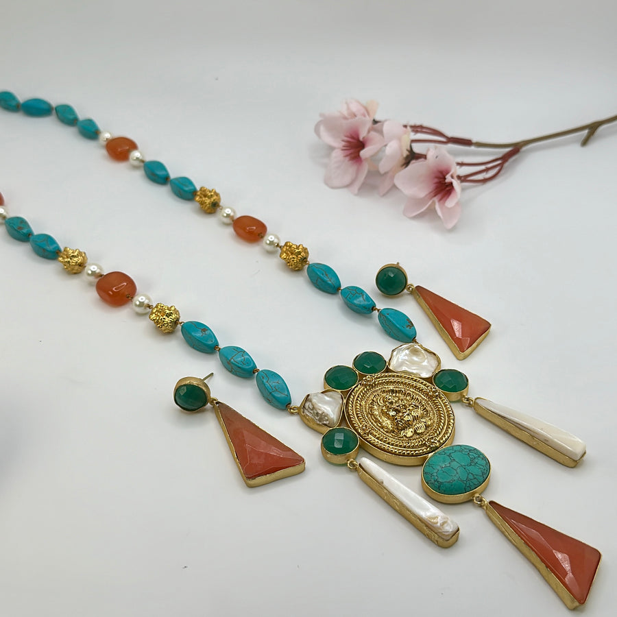 Orange & Turquoise Contemporary Long Necklace Set