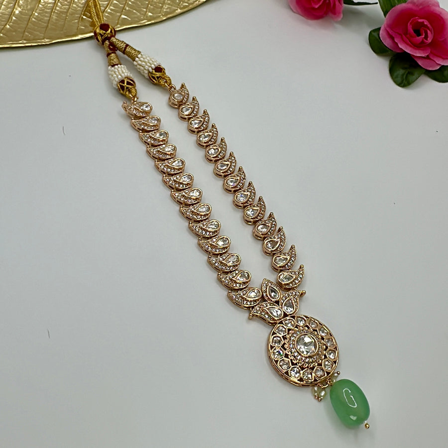 Mint Mango Moissanite Kundan Necklace Set with drop