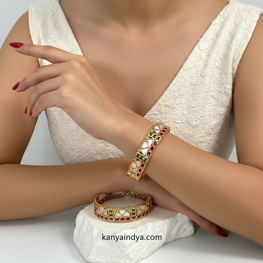 Multi MOP Antique Gold Openable Bangle Pair(Size 2.6)