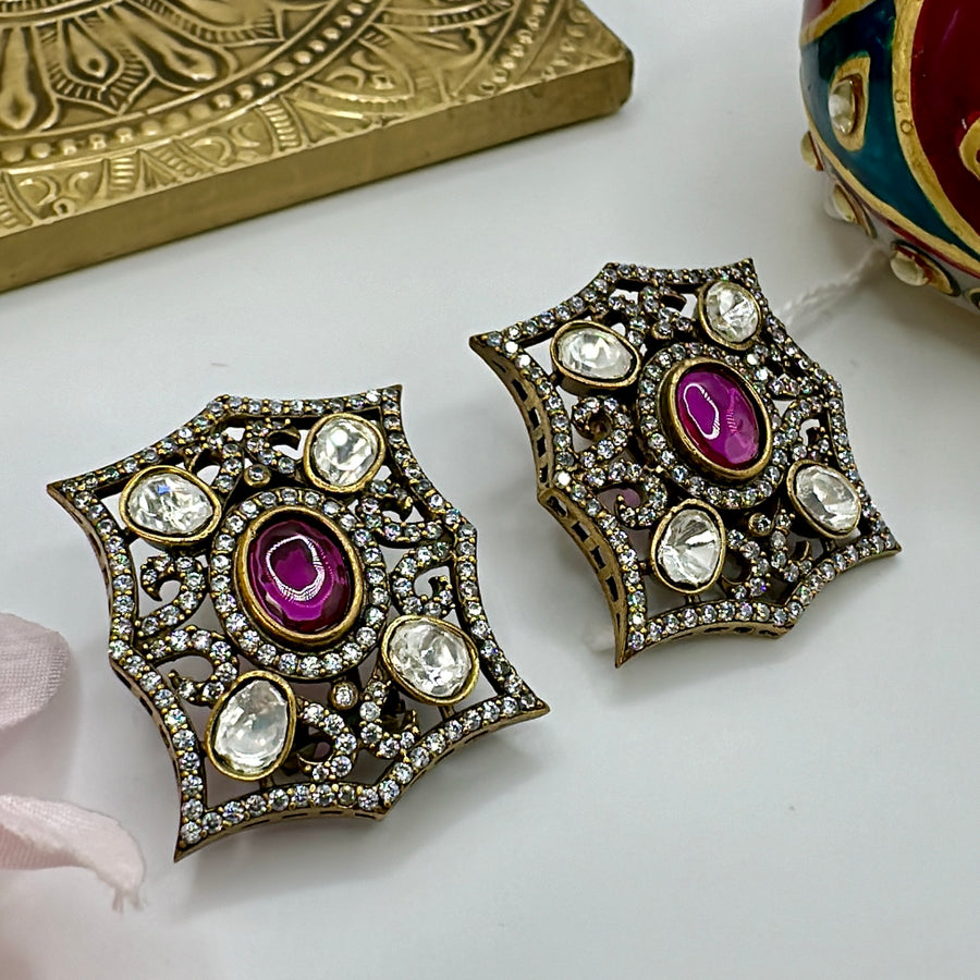 Ruby Moissanite Kundan Victorian Studs