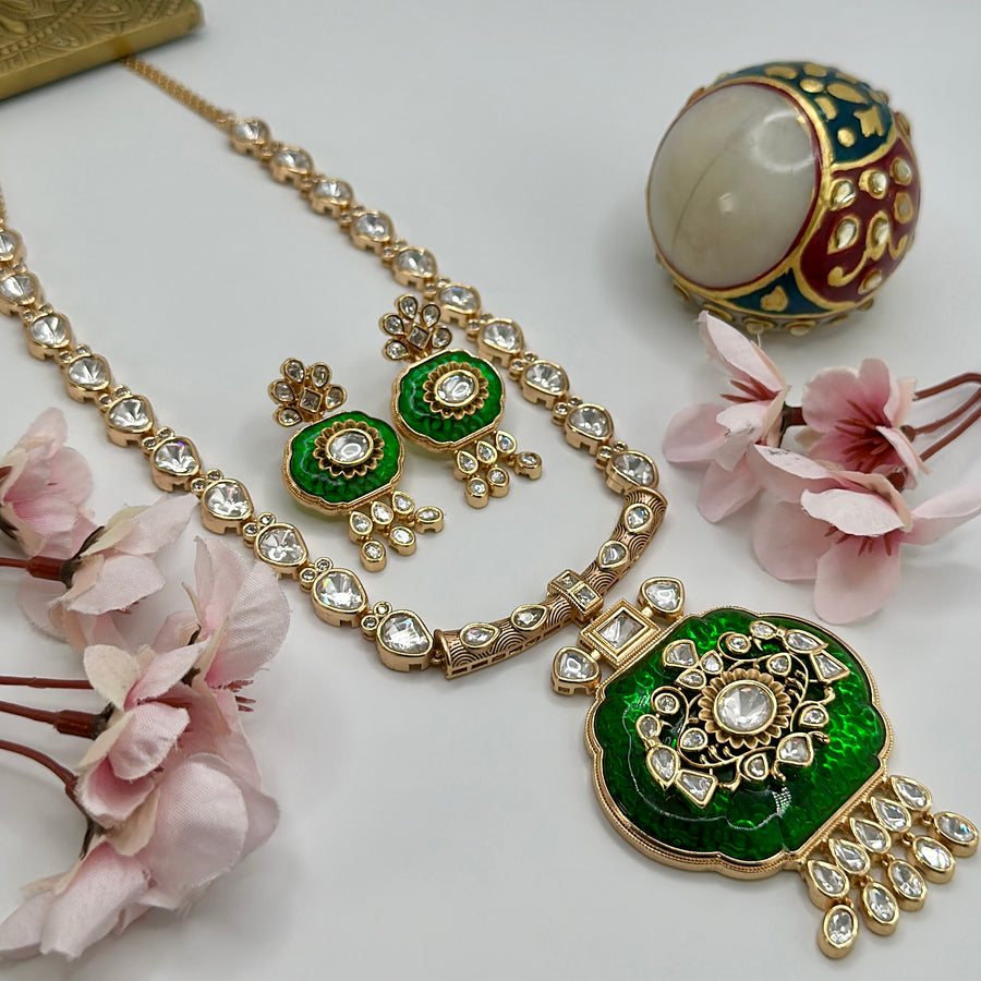 Green Crystal Stone With Inlay Work & Premium Kundan Necklace Set