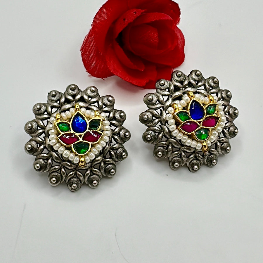 Multi Silver Lookalike Paachi Flower Motif Studs