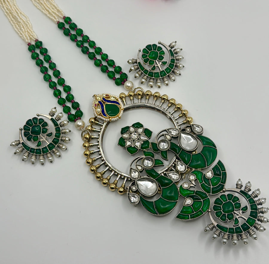 Green Silver Lookalike Statement Peacock Long Necklace Set