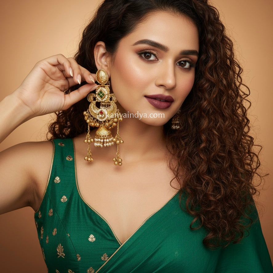Green Paachi Silver Lookalike Gold Kashmiri Jhumka Earrings